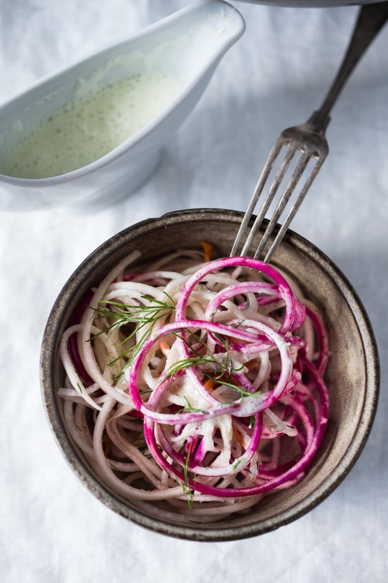 TANGLED SUMMER ROOTS WITH YOGURT GARLIC SCAPE DRESSING Feasting At Home