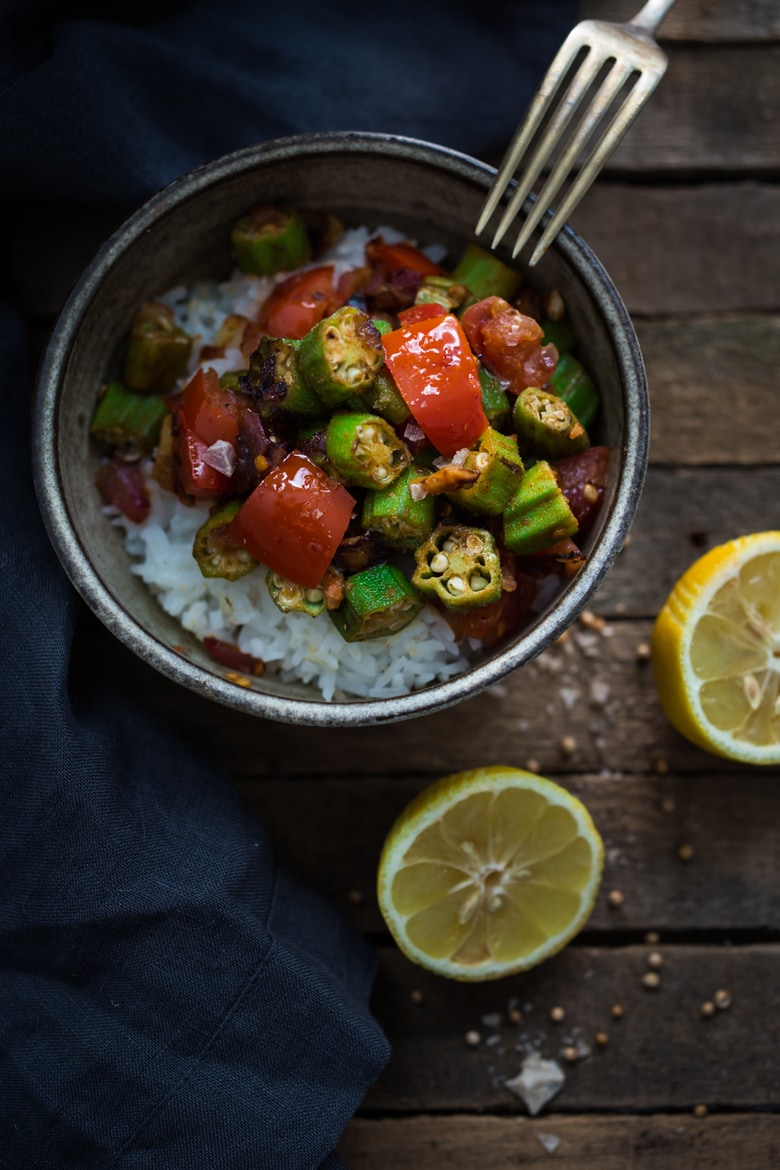 The best Okra recipe with tomatoes and garlicserved over Rice