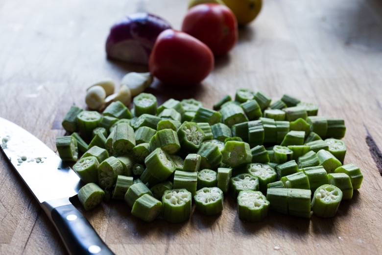 prepping okra ingredients