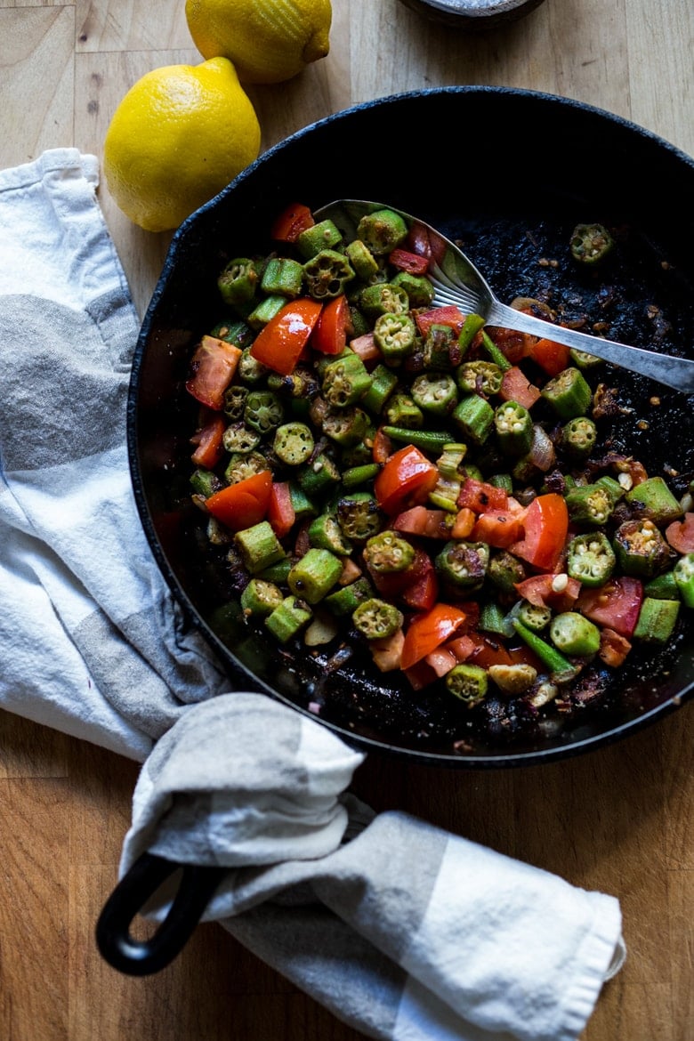 This Okra Recipe is infused with flavors of the Middle East. It's my Egyptian father's recipe made with onion, garlic, tomatoes and flavorful Middle Eastern Spices. 