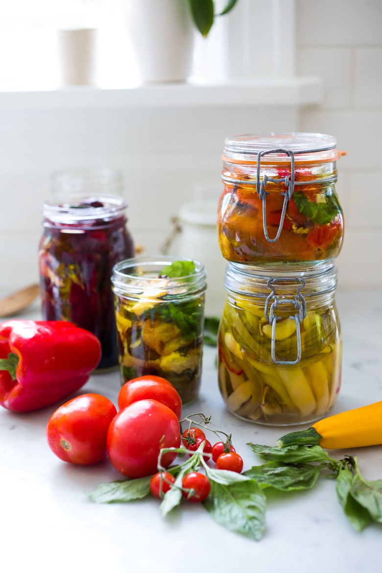 Quick Marinated Veggies! Extend summer's bounty by Preserving Veggies in Olive Oil- serve with Cheese or Charcuterie boards and Mezze Platters. Delicious, quick & simple! | www.feastingathome.com