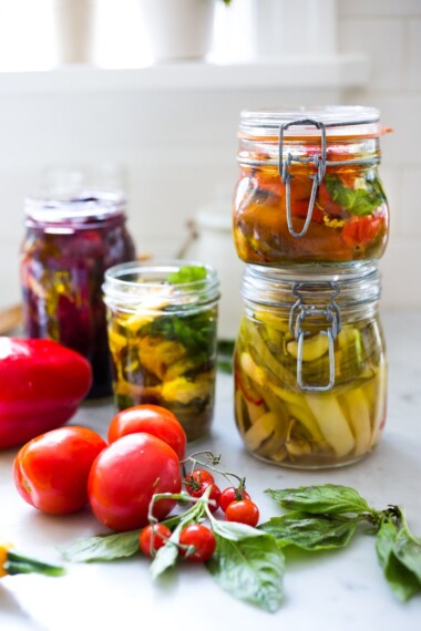 Oil Marinated Veggies- a quick and delicious way to preserve veggies in olive oil.. Great in sandwiches, salads, pastas or bring to your next Mezzo Party! | www.feasting at home.com