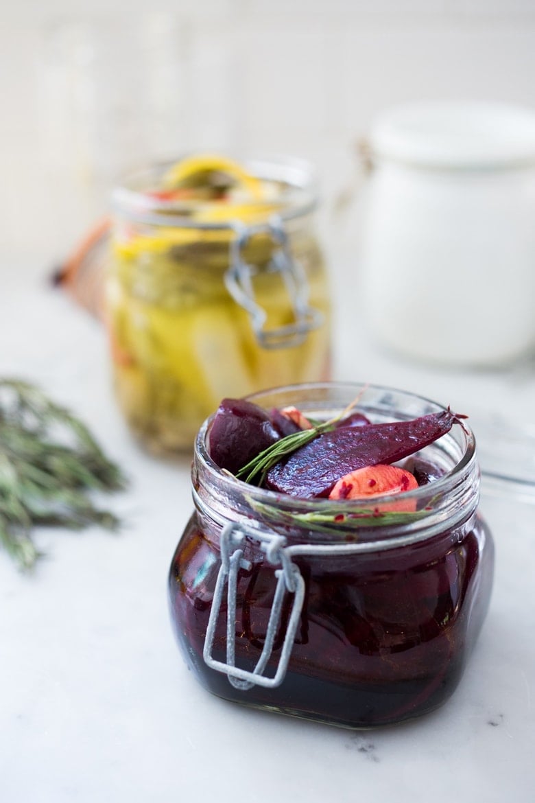 Extend summer's bounty by Preserving Veggies in Olive Oil- serve with Cheese or Charcuterie boards and Mezze Platters. Delicious, quick & simple! | www.feastingathome.com