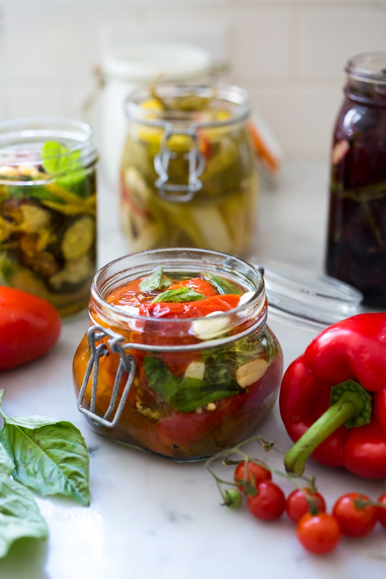 Quick Marinated Veggies! Extend summer's bounty by Preserving Veggies in Olive Oil- serve with Cheese or Charcuterie boards and Mezze Platters. Delicious, quick & simple! | www.feastingathome.com