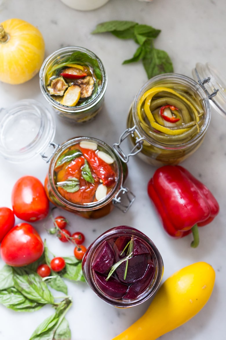 Quick Marinated Veggies! Extend summer's bounty by Preserving Veggies in Olive Oil- serve with Cheese or Charcuterie boards and Mezze Platters. Delicious, quick & simple! | www.feastingathome.com