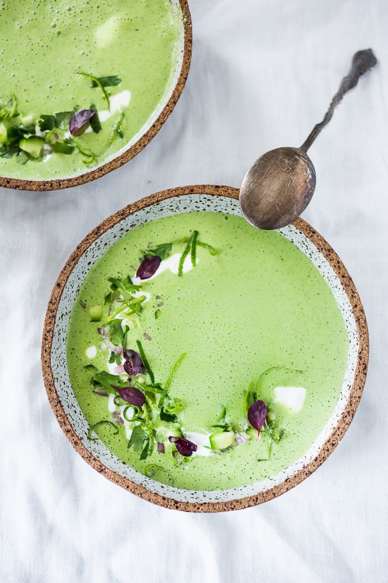 Chilled Cucumber Soup with yogurt, cilantro, coriander and lime. Top this with shrimp or keep it vegetarian! So tasty. | #cucumbersoup #cucumbergazpacho #gazpacho www.feasingathome.com