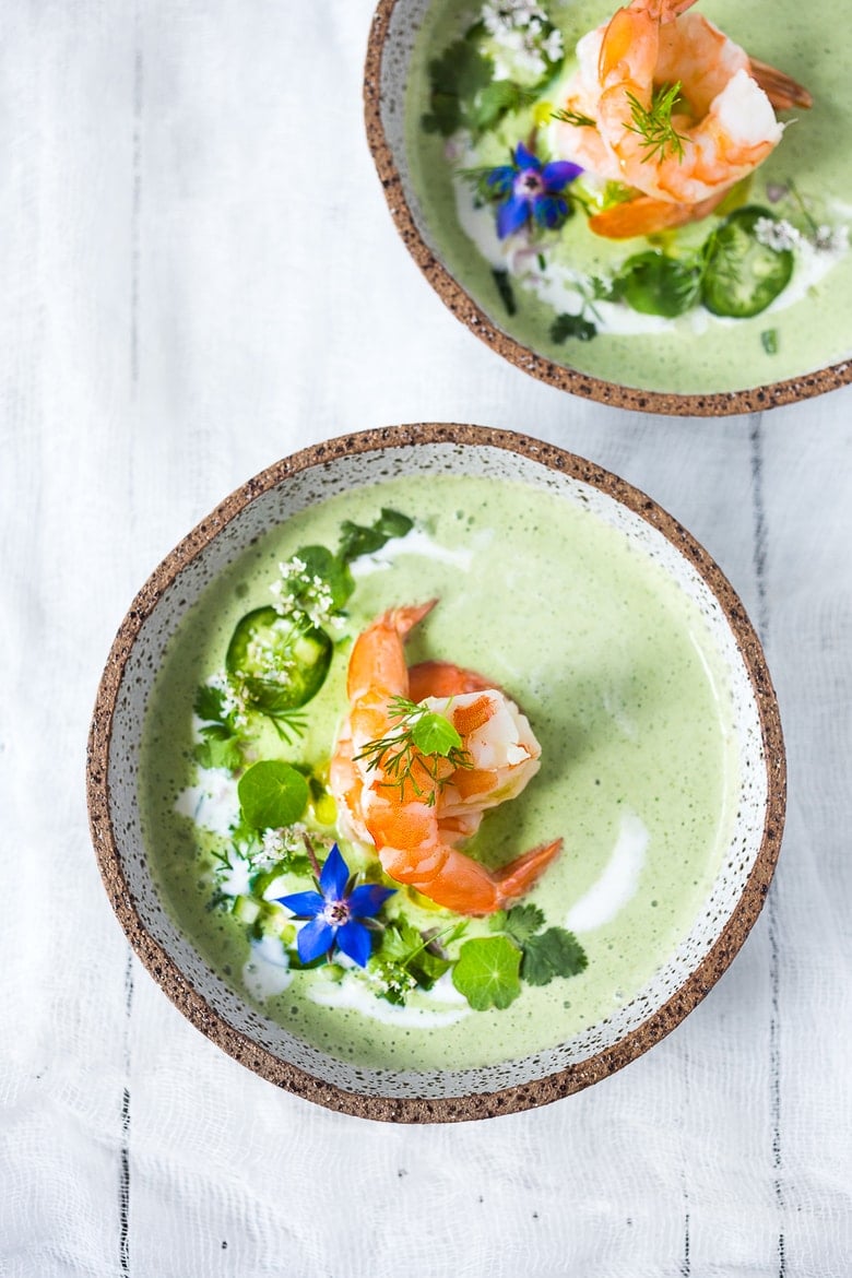 Cool and refreshing Cucumber Gazpacho with yogurt, cilantro, coriander and lime. Top this with shrimp or keep it vegetarian! So tasty. #gazpacho #cucumbergazpacho #cucumbersoup #coldsoup #chilledsoup 