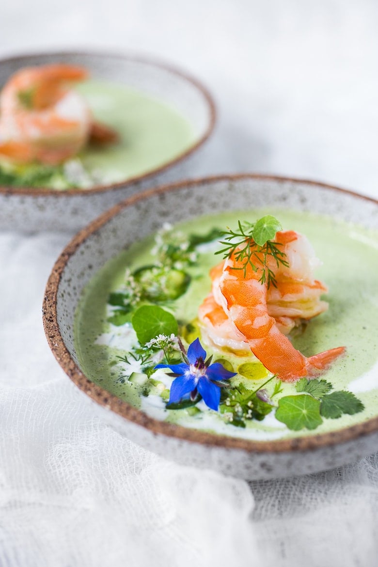 Cool and refreshing Cucumber Gazpacho with yogurt, cilantro, coriander and lime. Top this with shrimp or keep it vegetarian! So tasty. #gazpacho #cucumbergazpacho #cucumbersoup #coldsoup #chilledsoup 