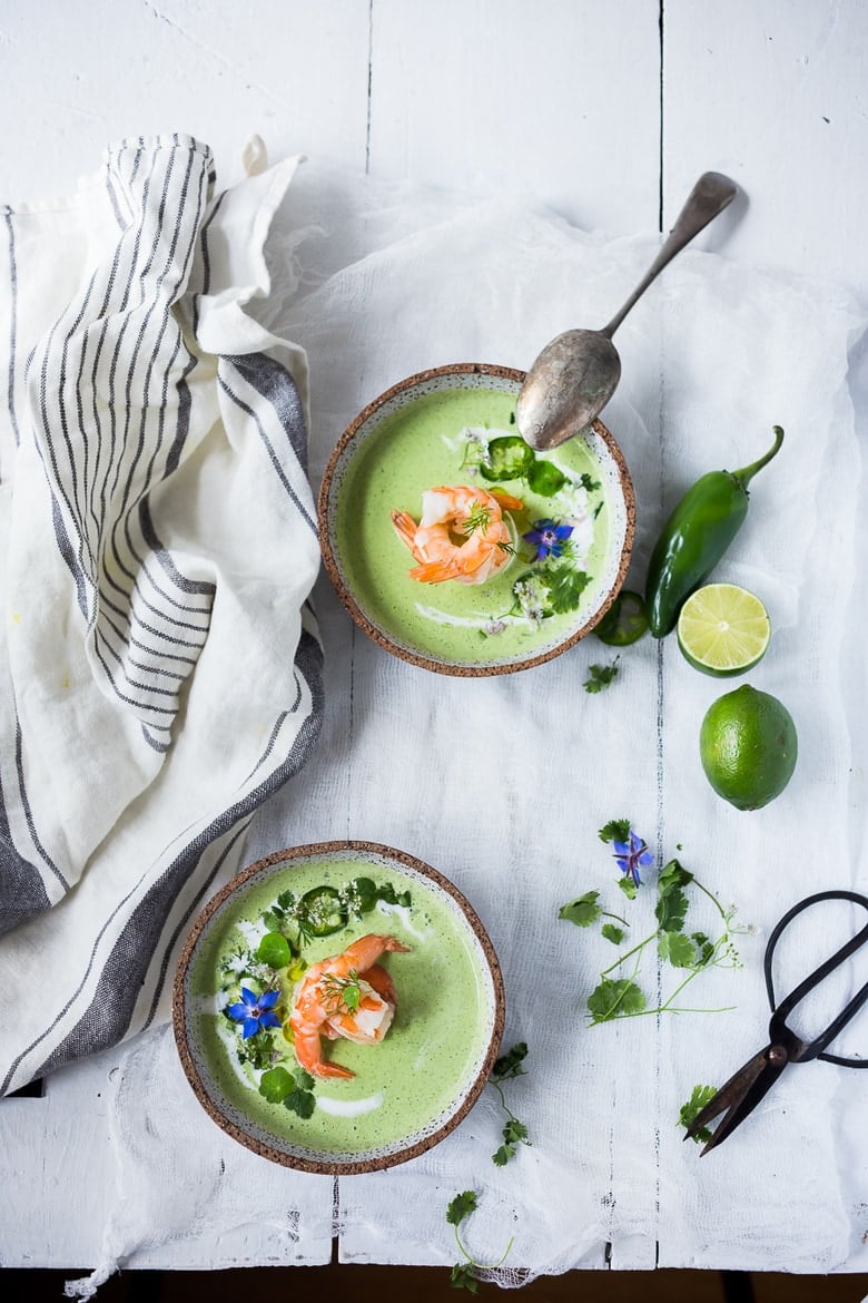 Cool and refreshing Cucumber Gazpacho with yogurt, cilantro, coriander and lime. Top this with shrimp or keep it vegetarian! So tasty. #gazpacho #cucumbergazpacho #cucumbersoup #coldsoup #chilledsoup 