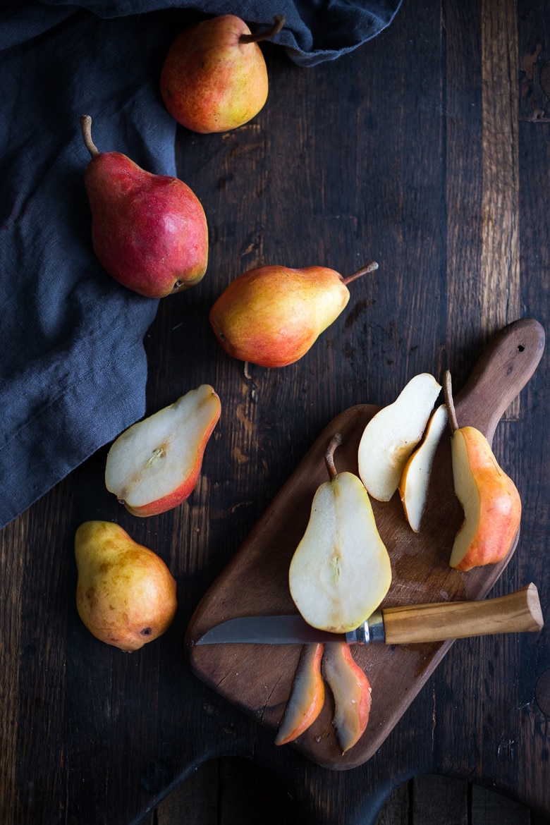 cutting pears on a cutting board