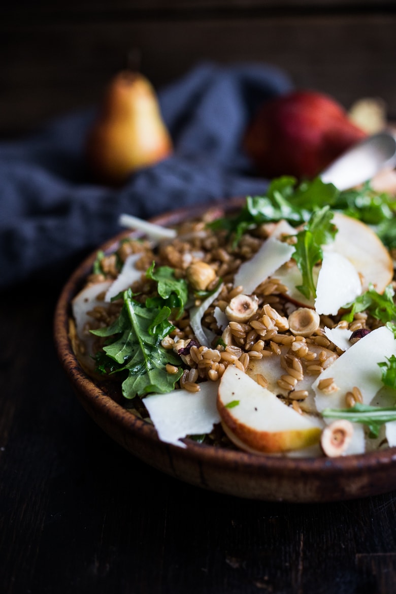 A delicious recipe for Farro Salad with pear, hazelnuts, and arugula; keep it vegan or add pecorino. Either way, it's a tasty fall salad!