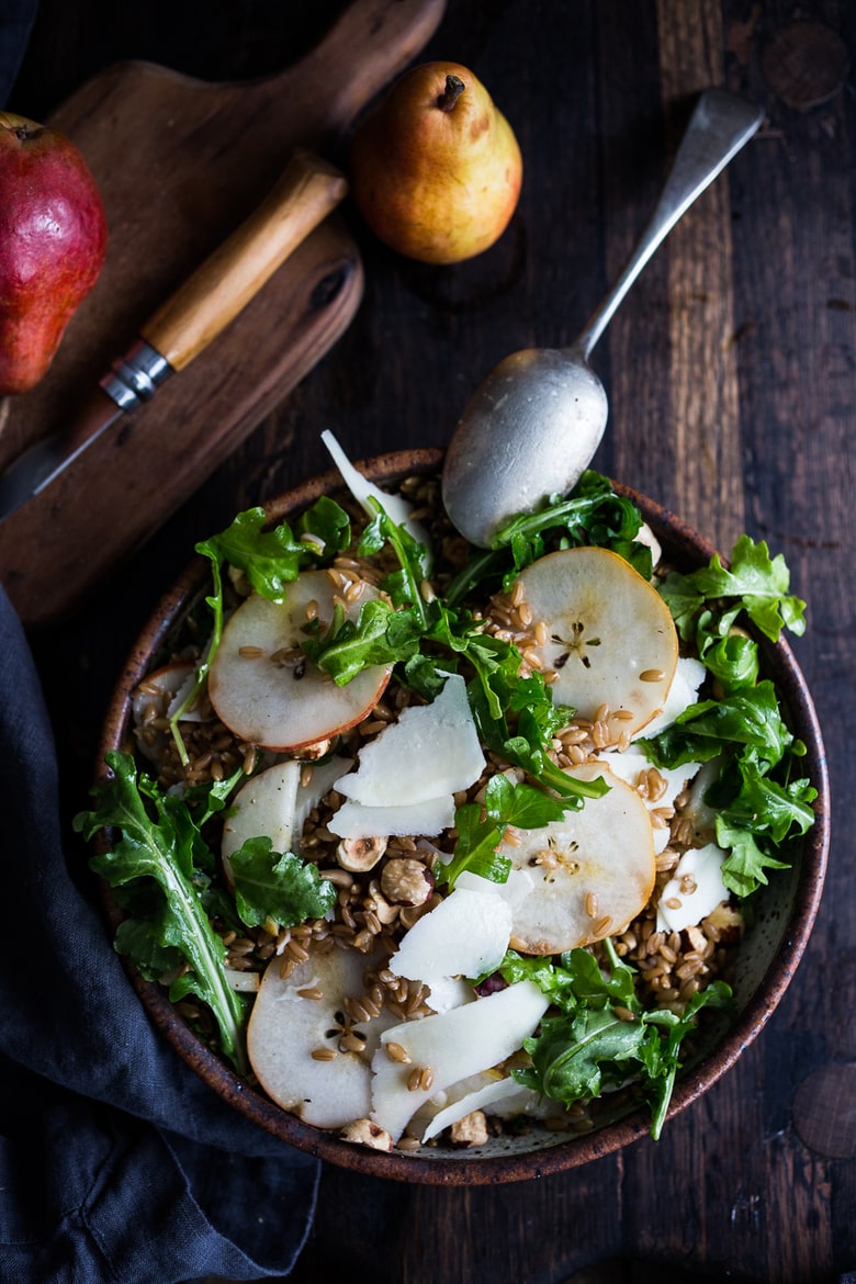 A delicious recipe for Farro Salad with pear, hazelnuts, and arugula; keep it vegan or add pecorino. Either way, it's a tasty fall salad!