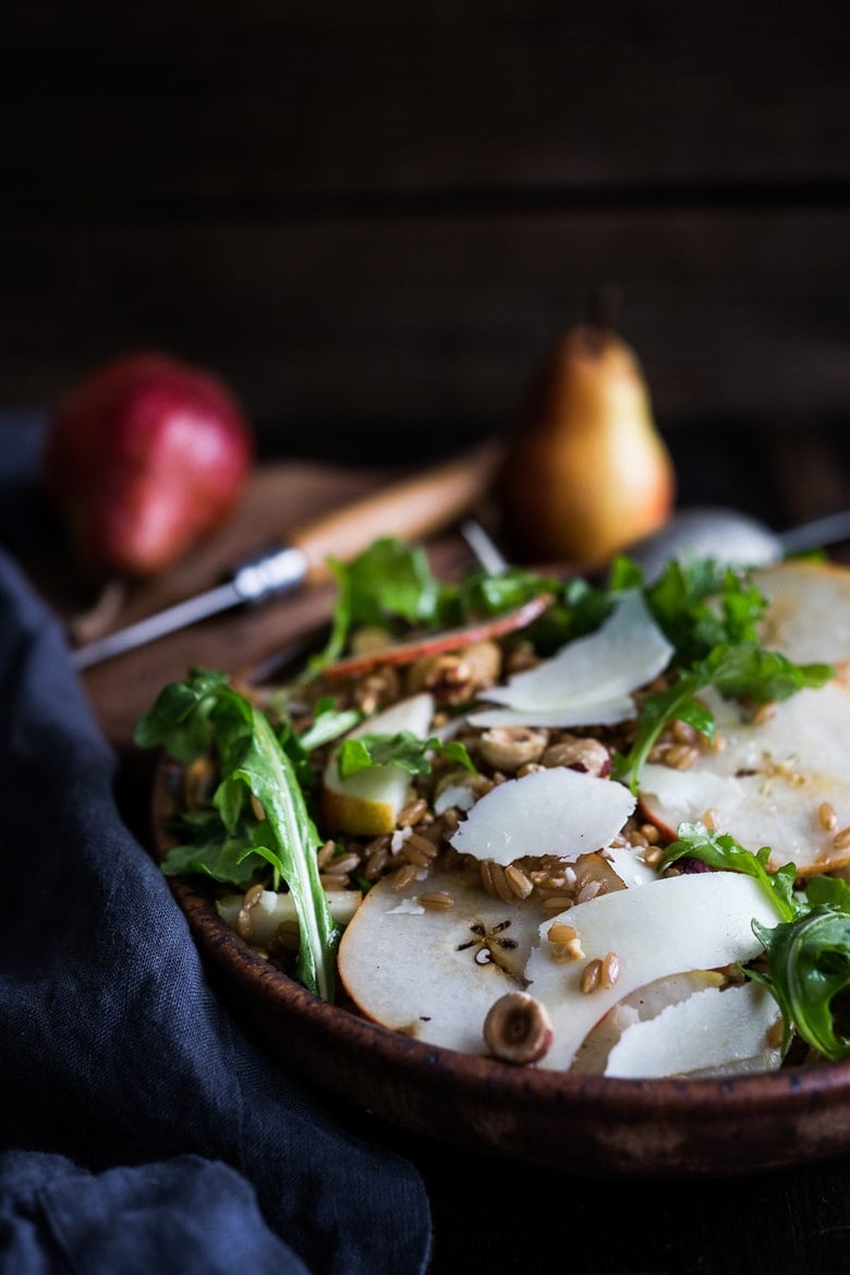 A delicious recipe for Farro Salad with pear, hazelnuts, and arugula; keep it vegan or add pecorino. Either way, it's a tasty fall salad!