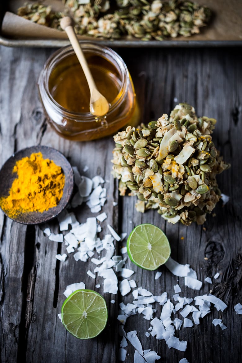 A simple recipe for Coconut Pumpkin Seed Snacks infused with lime and honey. Easy, delicious! Vegan and gluten free! | www.feastingathome.com