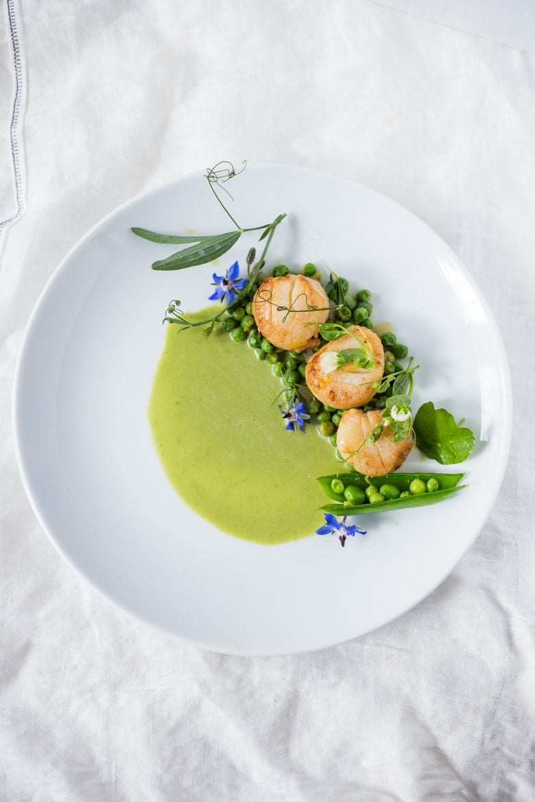 Seared Scallops with Spring peas, tarragon and truffle oil- a light and elegant meal, perfect for entertaining or special occasions. | www.feastingathome.com