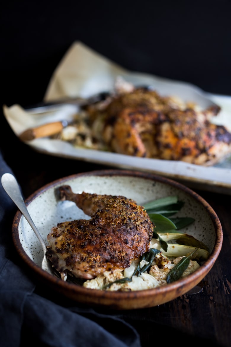 Spatchcocked Chicken with Mustard and Dripping's Cauliflower | www.feastingathome.com