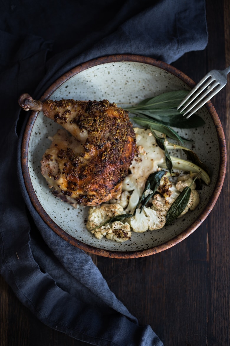 Mustard Roasted Spatchcocked Chicken with Drippings Cauliflower - a one pan meal perfect for cozy fall nights.