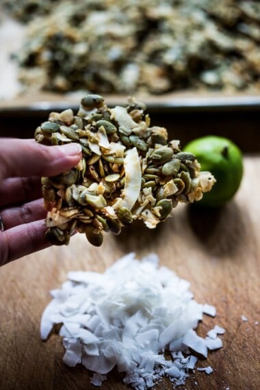 These healthy, delicious Pumpkin Seeds Snacks are infused with coconut flakes, lime, and turmeric- a fun little weekend project that yields tasty results. Perfect for snacking, hiking or as a breakfast replacement! Grain-free, vegan-adaptable! 