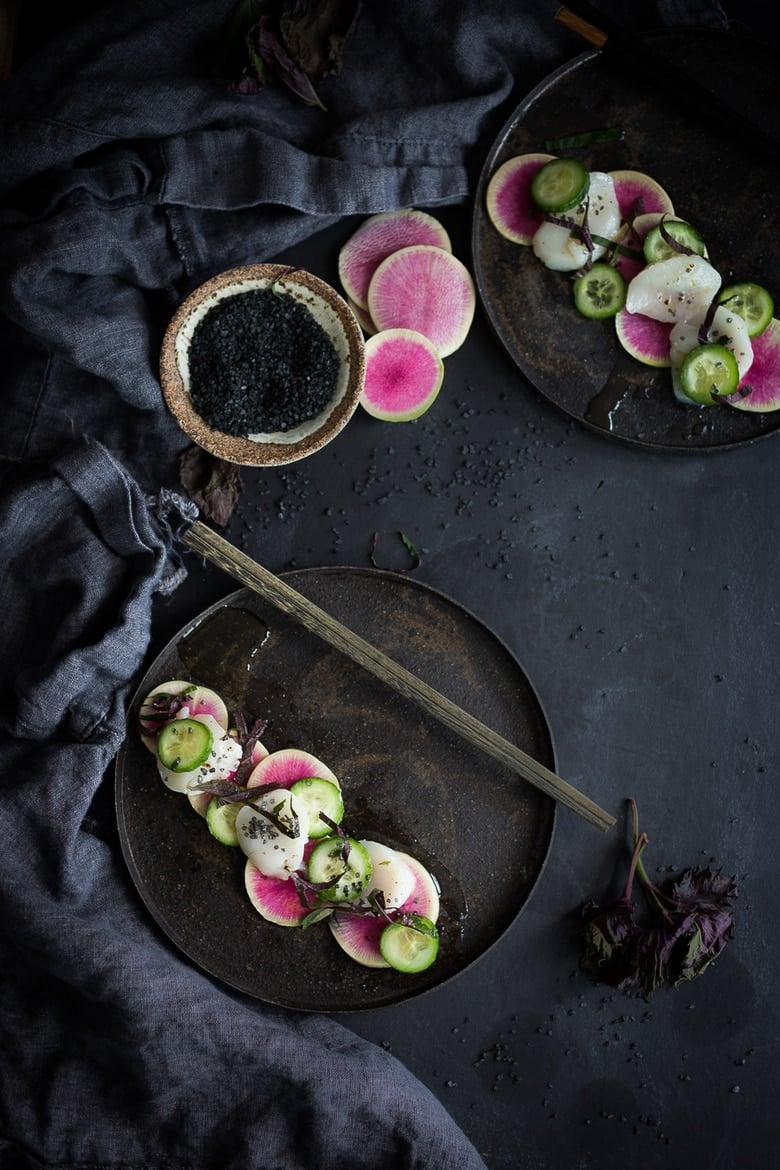 Scallop Crudo with Watermelon Radish, cucumber and Shiso... and a step by step on how to make Crudo, The Italian Version of Sushi- so simple, delicious, and healthy! | www.feastingathome.com