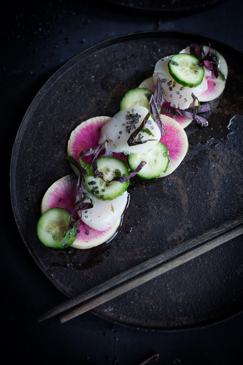 Scallop Crudo with Watermelon Radish, cucumber and Shiso... and a step by step on how to make Crudo, The Italian Version of Sushi- so simple, delicious, and healthy! | www.feastingathome.com