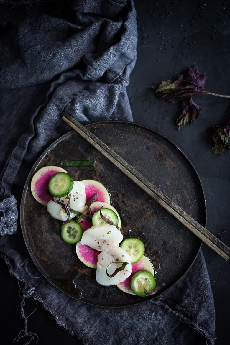 Scallop Crudo with Watermelon Radish, cucumber and Shiso... and a step by step on how to make Crudo, The Italian Version of Sushi- so simple, delicious, and healthy! | www.feastingathome.com