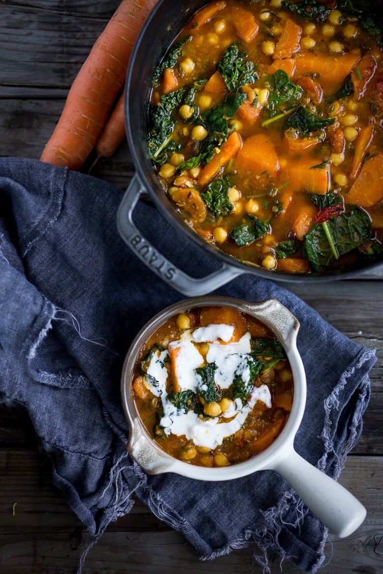 Tunisian Chickpea Stew with Carrot and tops, turmeric, kale and "quick Harissa". | www.feastingathome.com