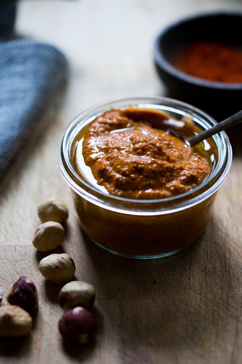 Romesco Sauce- a simply tasty recipe for Roasted Fingerling Potatoes with a flavorful 5 minute Romesco Sauce, made w/ simply pantry ingredients you probably already have! | www.feastingathome.com