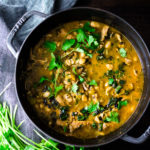 White Chicken Chili is made with with white beans, poblano chilies, cilantro, coriander and lime. Tangy, spicy, this one-pot meal is hearty and delicious! | www.feastingathome.com #whitechili #whitechickenchili #chili #chiliverde