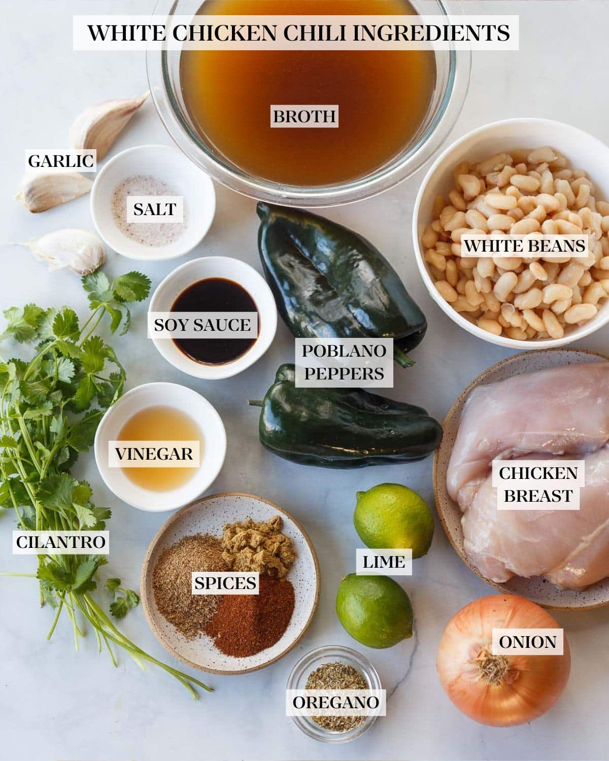 white chicken chili ingredients on a white counter. 
