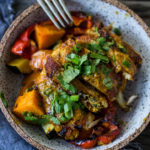 Baked Tandoori Chicken (or Tofu) with "clean-out-your-fridge veggies" and flavorful tandoori marinade, all cooked on a sheet-pan. Delicious, healthy recipe! Vegetarian Adaptable! #tandoorichicken #bakedtandoorichicken #tandooritofu