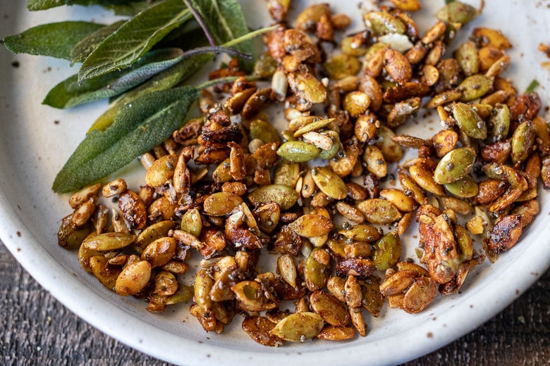 pumpkin seed brittle and sage leaves