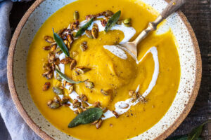 Roasted Butternut Squash Soup. This creamy fall soup is full of flavor and vegan-adaptable and gluten free.