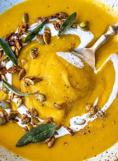 Roasted Butternut Squash Soup. This creamy fall soup is full of flavor and vegan-adaptable and gluten free.