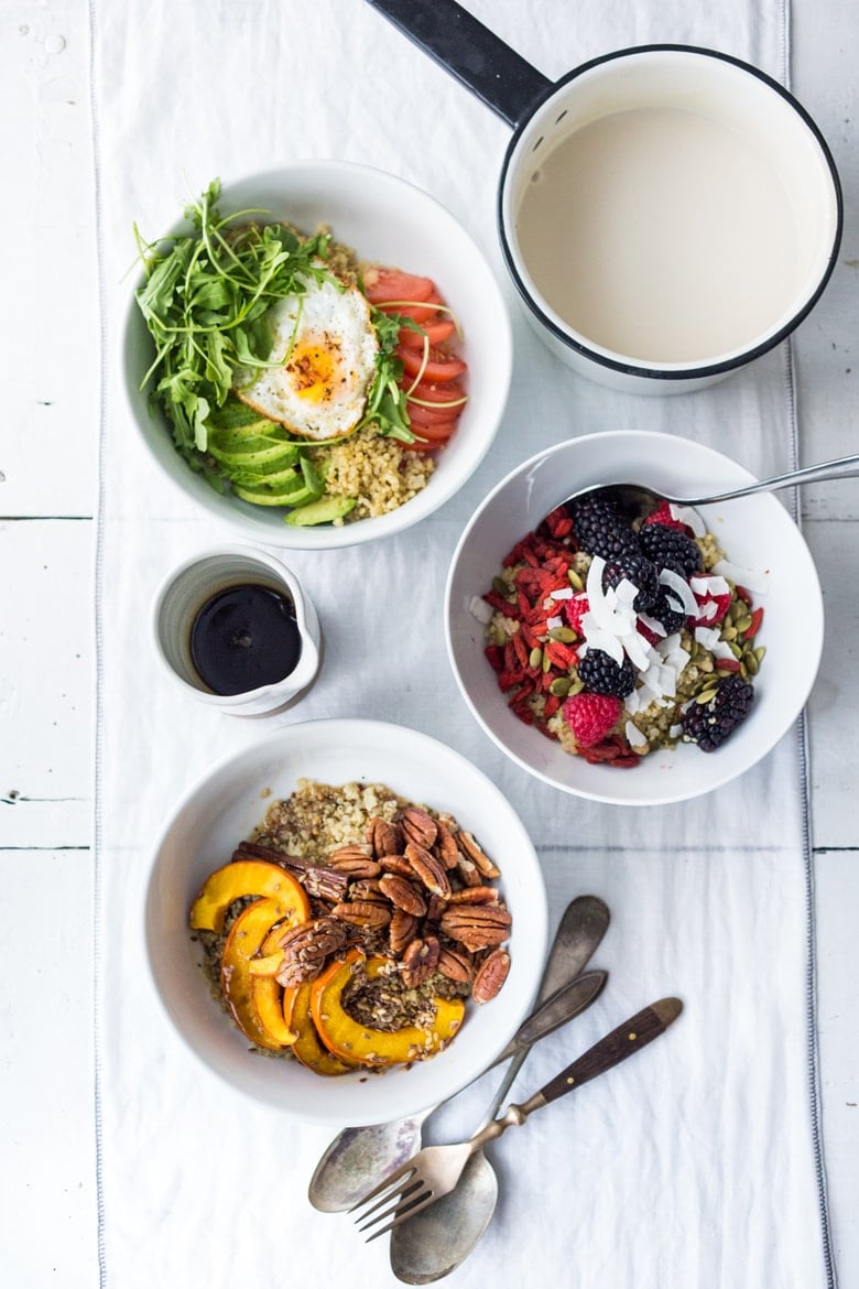 Morning Grain Bowls- vegan adaptable and full of nutritious healthy plant based ingredients. Energizing and healthy! #grainbowls #breakfastbowls #morningbowls #veganbowls #plantbased #cleaneating #vegangrainbowls #vegan #veganbreakfast #buddhabowls 