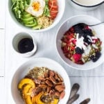 Need some Vegan Breakfast ideas? These 5, Make-Ahead, Morning Grain Bowls served up with different toppings for busy weekday breakfasts. Healthy, gluten free and vegan adaptable. #veganbreakfast #grainbowls #breakfastbowls