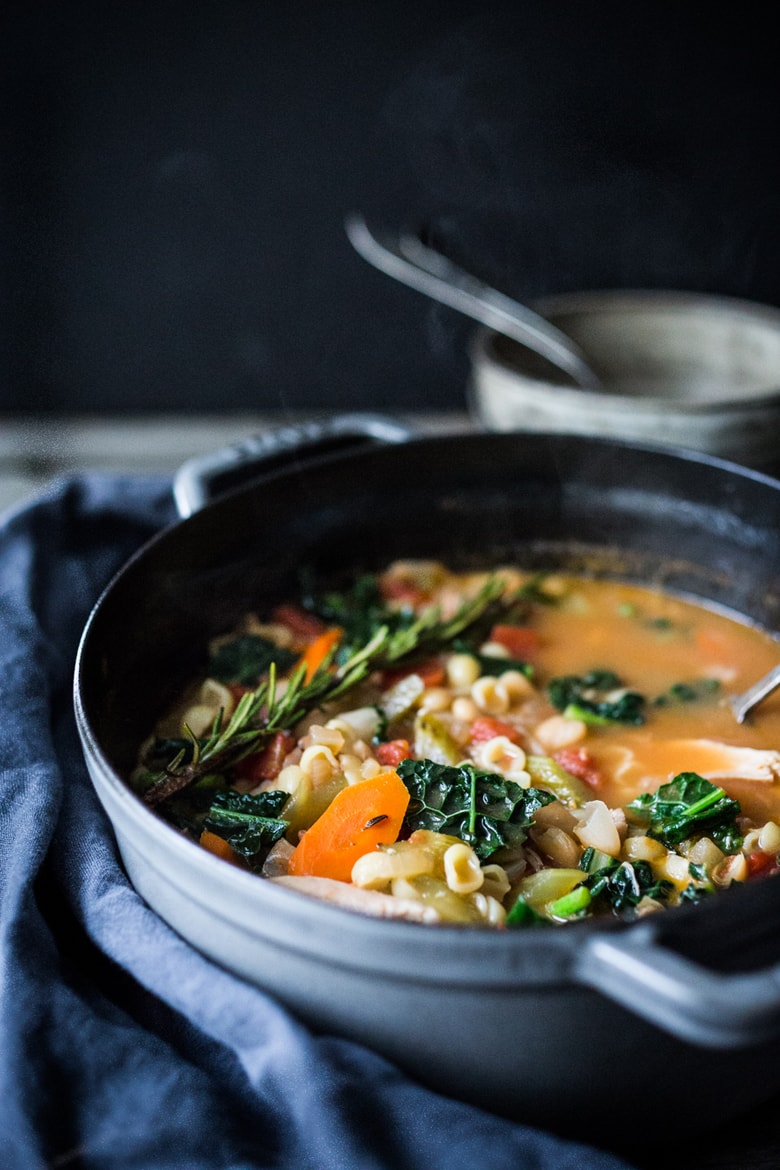 Turkey Minestrone Soup- A cozy soup to make the day after Thanksgiving using leftover turkey and simple pantry ingredients. | www.feasingathome.com