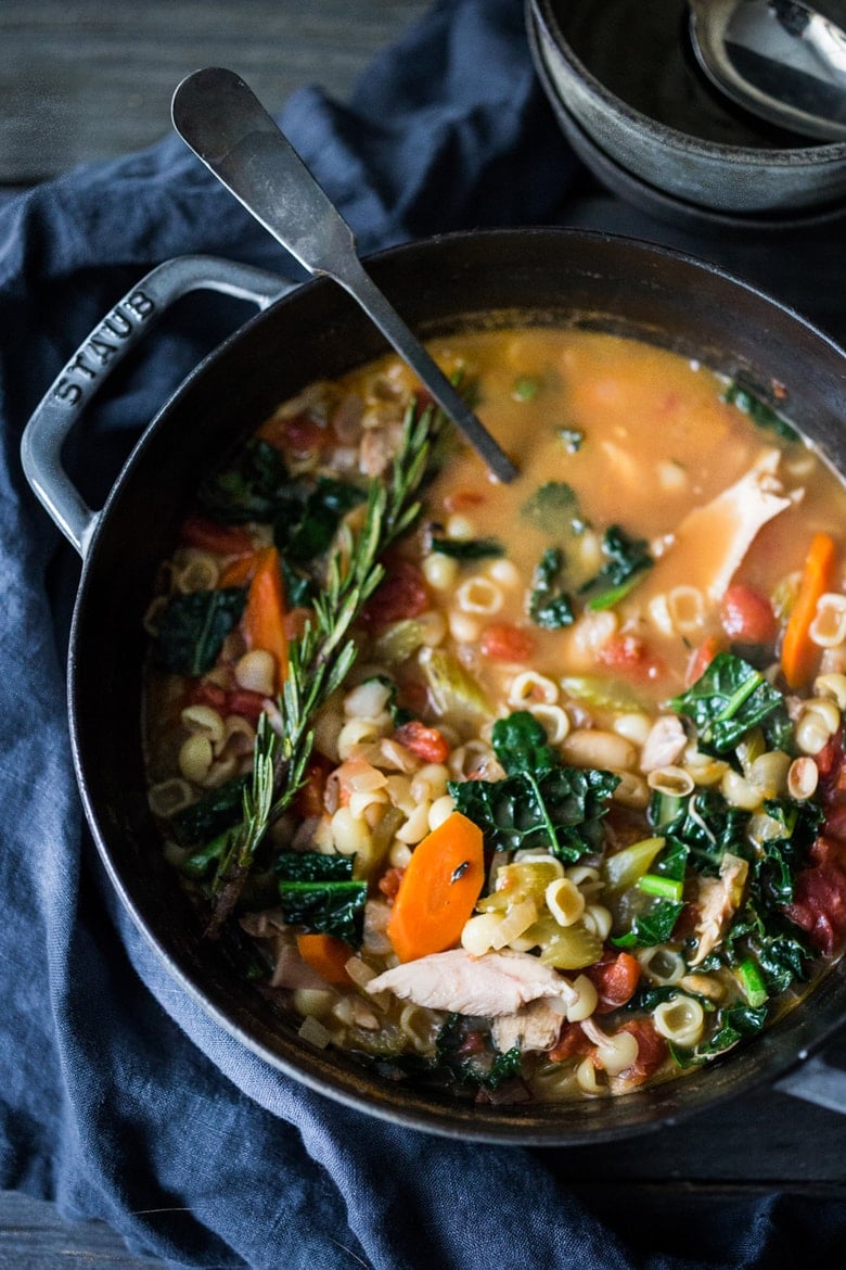 Turkey Minestrone Soup- A cozy soup to make the day after Thanksgiving using leftover turkey and simple pantry ingredients. | #minestrone www.feasingathome.com