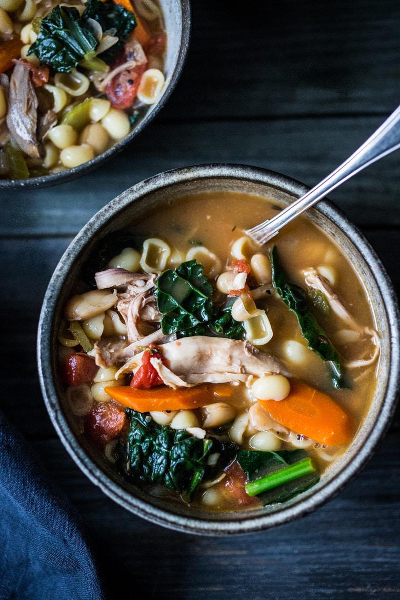 Turkey Minestrone Soup- A cozy soup to make the day after Thanksgiving using leftover turkey and simple pantry ingredients. | www.feasingathome.com