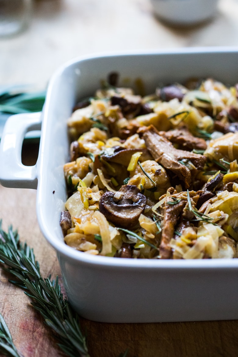 Wild Mushroom Stuffing with fennel and leeks -  a tasty vegetarian Thanksgiving Side Dish that is full of depth and flavor flavors.  Vegan adaptable! #stuffing #vegan #mushroomstuffing #vegetariansidedish #thanksgivingsidedish