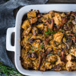 Wild Mushroom Stuffing with fennel and leeks - a tasty vegetarian Thanksgiving Side Dish that is full of depth and flavor flavors. Vegan adaptable! #stuffing #vegan #mushroomstuffing #vegetariansidedish #thanksgivingsidedish