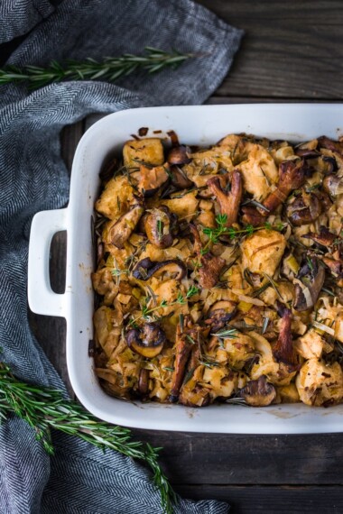 Wild Mushroom Stuffing with fennel and leeks -  a tasty vegetarian Thanksgiving Side Dish that is full of depth and flavor flavors.  Vegan adaptable! #stuffing #vegan #mushroomstuffing #vegetariansidedish #thanksgivingsidedish