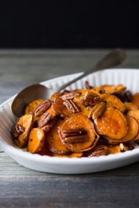 Baked yams in a serving dish
