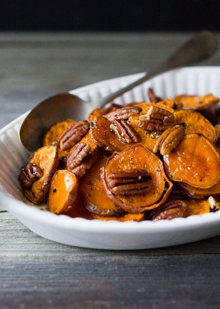 roasted yams in a serving dish