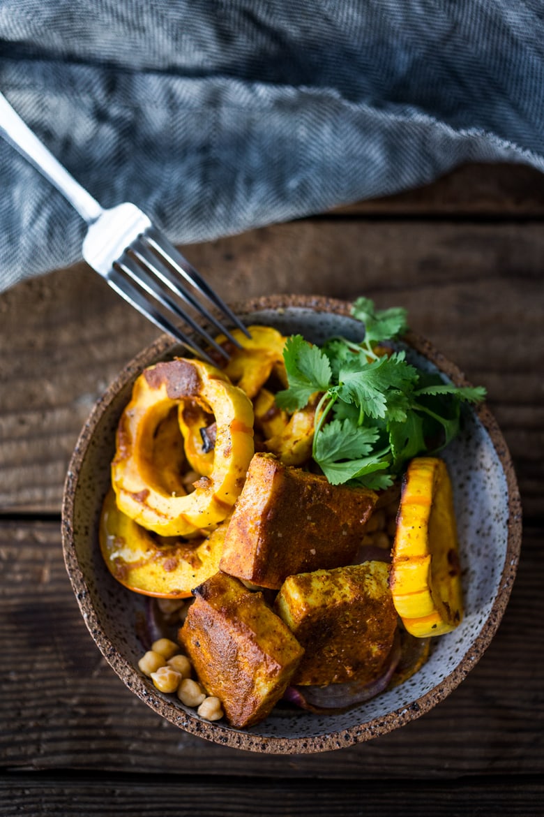 Baked Tandoori Tofu Bowl -with "clean-out-your-fridge veggies" and your choice of chicken, tofu or fish. Delicious, healthy recipe! | www.feastingathome.com