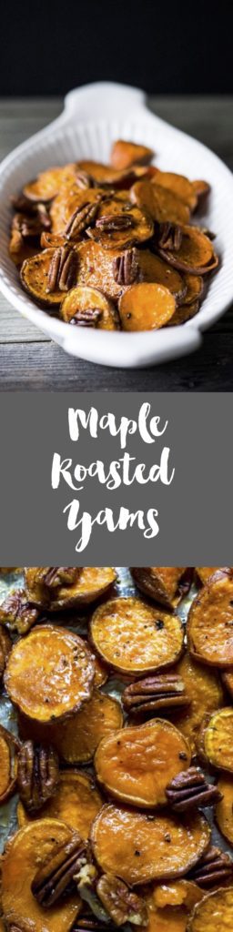 Maple Roasted Yams with Pecans- and easy VEGAN and Gluten-free side dish that requires 5 minutes of prep before it goes into the oven to bake! | www.feastingathome.com
