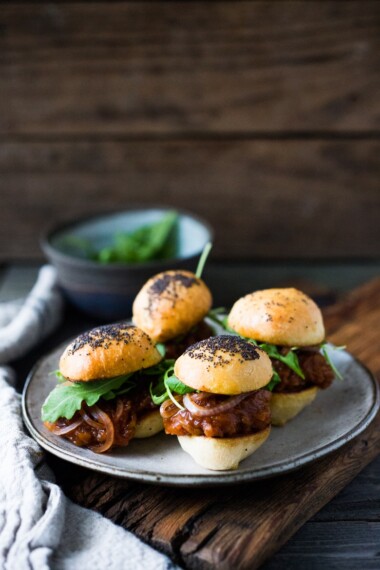 Vegan BBQ Spaghetti Squash Sliders with Pickled Onions and Arugula- a delicious healthy Superbowl recipe, made from scratch!