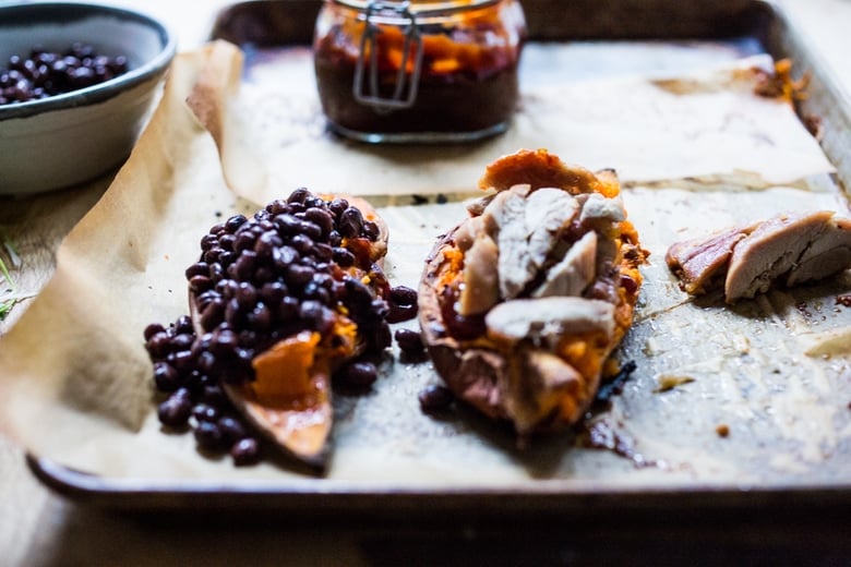 BBQ Stuffed Sweet Potatoes with your choice of chicken or black beans. Top with melty cheese or keep it vegan with avocado! 