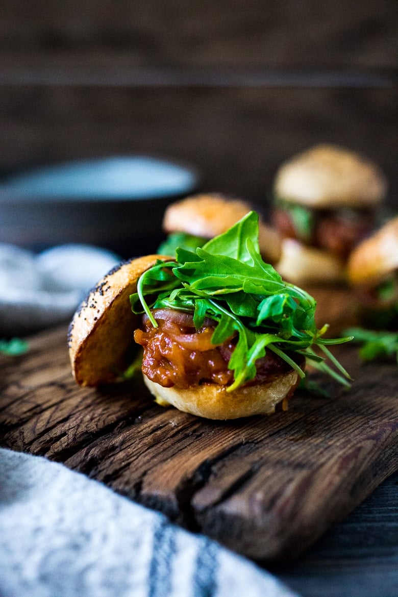 Vegan BBQ Spaghetti Squash Sliders with Pickled Onions and Arugula- a delicious healthy Super Bowl recipe! | www.feastingathome.com