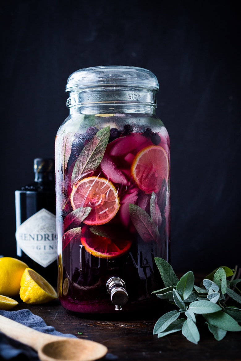 Blueberry Gin and Sage Punch -A refreshing make ahead, holiday punch, with lemon and prosecco, sparkling and effervescent. | www.feastingathome.com