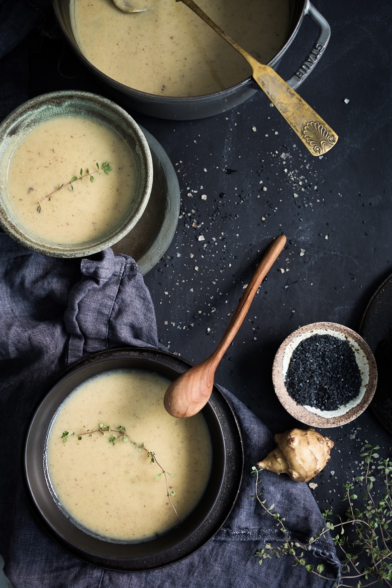Jerusalem Artichoke soup recipe served in black bowls, also called Sunchoke soup. 